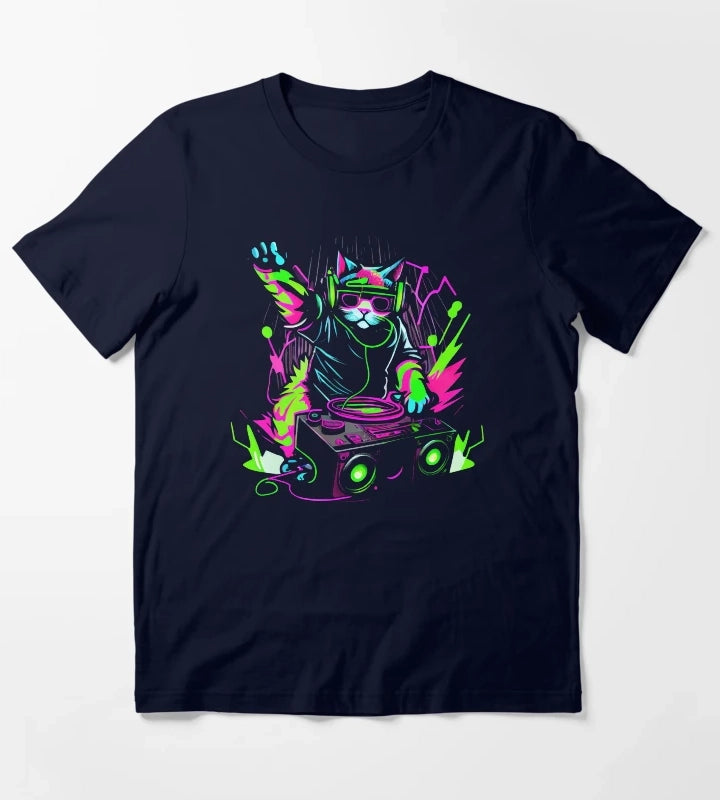 Cat DJ Decks 80s 90s Retro Neon Clubbers Rave Party T-Shirt Navy