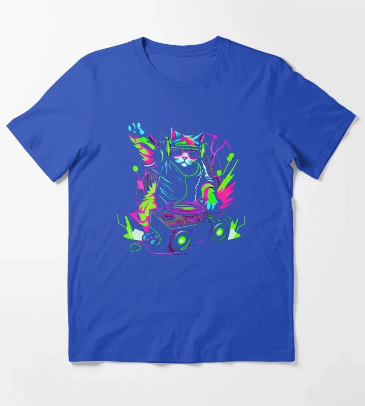 Cat DJ Decks 80s 90s Retro Neon Clubbers Rave Party T-Shirt Blue