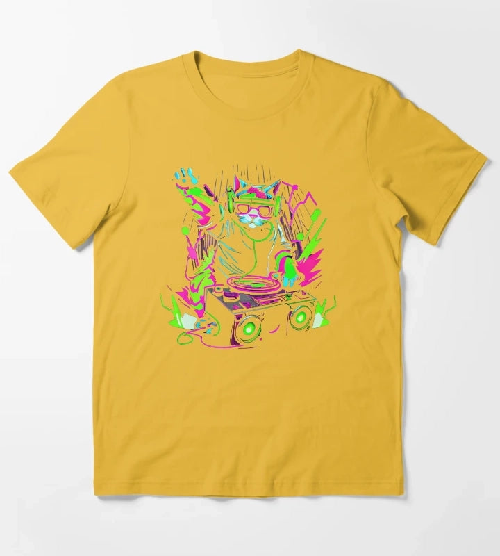 Cat DJ Decks 80s 90s Retro Neon Clubbers Rave Party T-Shirt Yellow