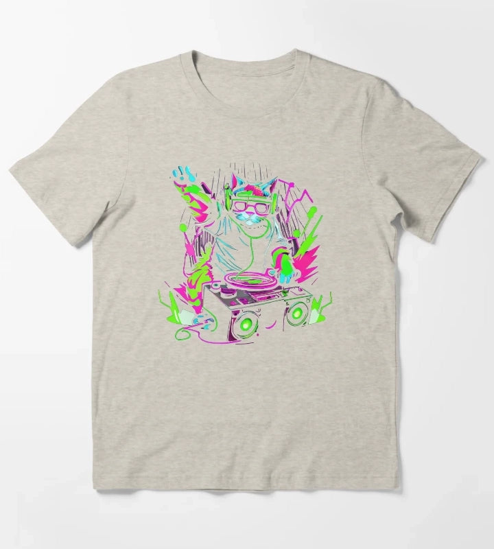 Cat DJ Decks 80s 90s Retro Neon Clubbers Rave Party T-Shirt Cream
