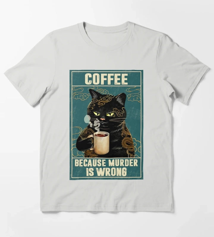 Cat Tattoo Coffee Because Murder Is Wrong T-Shirt Light Grey