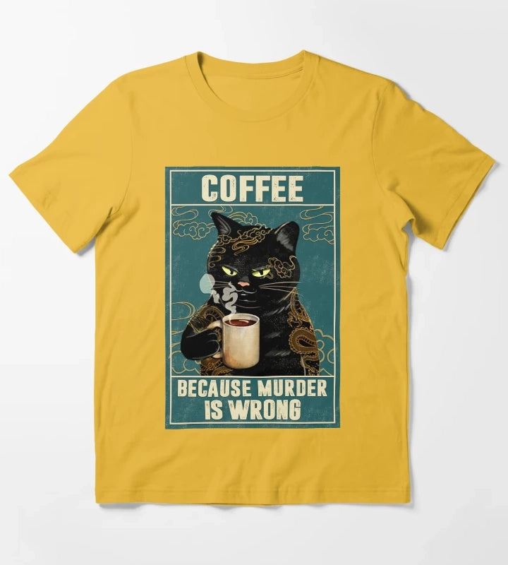 Cat Tattoo Coffee Because Murder Is Wrong T-Shirt Yellow