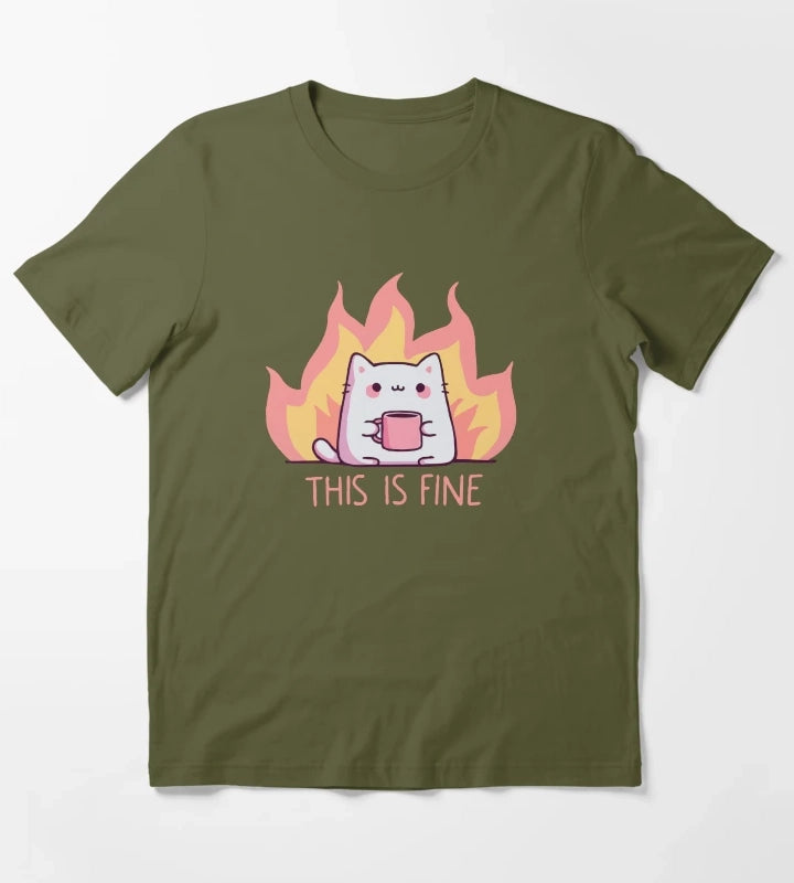 Cat This Is Fine T-Shirt Olive Green