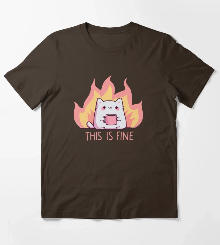 Cat This Is Fine T-Shirt Brown