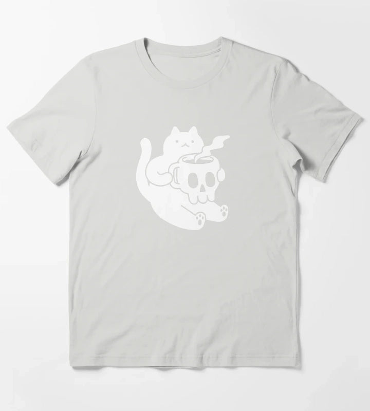 Cat and Skull Mug T-Shirt Light Grey