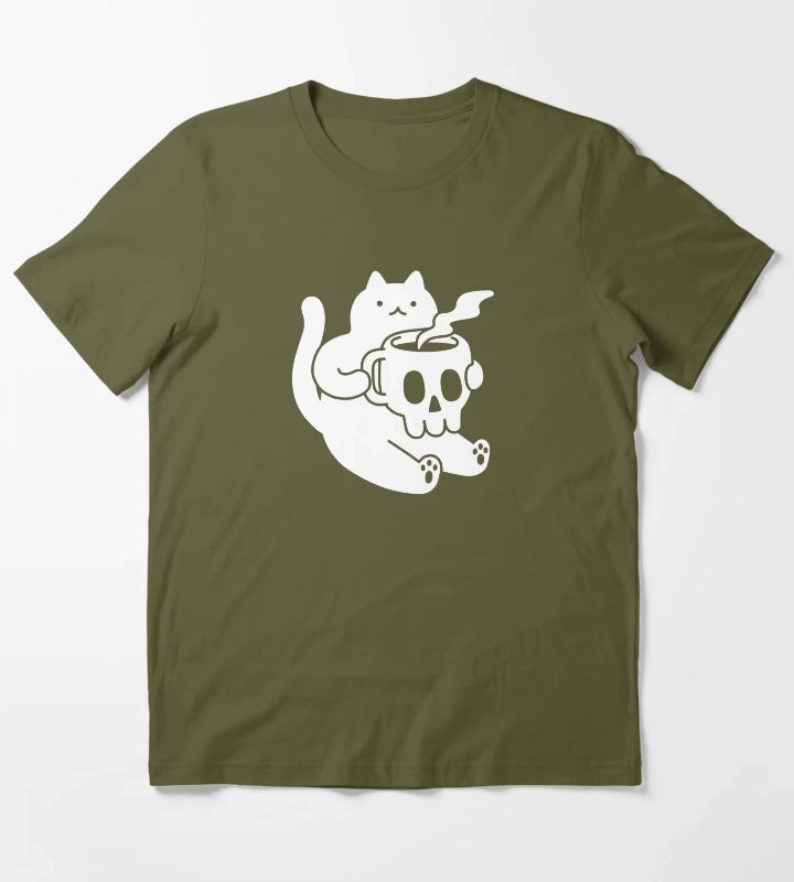 Cat and Skull Mug T-Shirt Olive Green