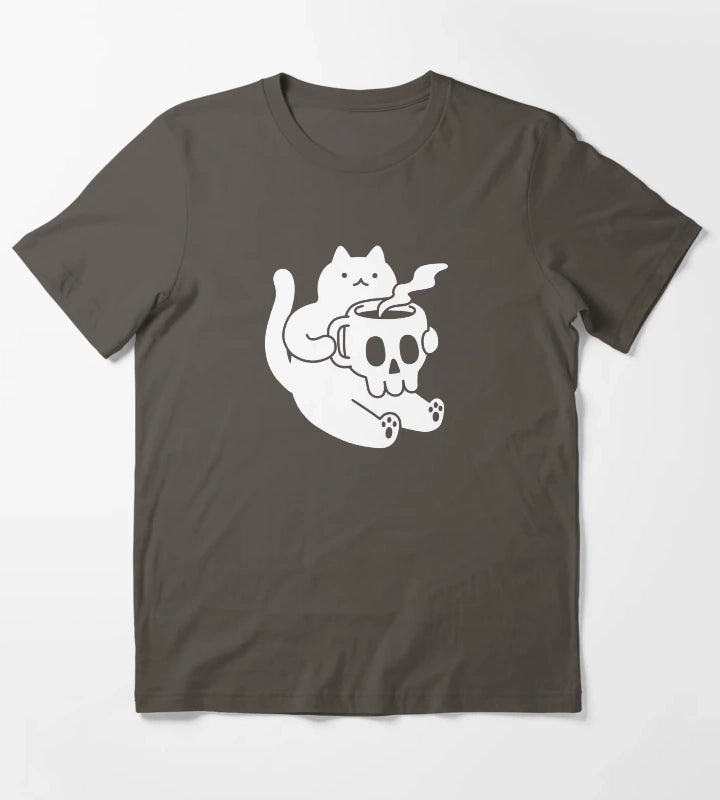 Cat and Skull Mug T-Shirt Dark Grey