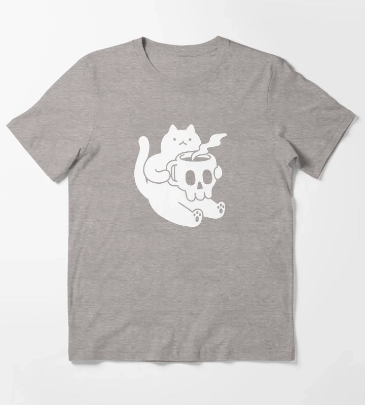 Cat and Skull Mug T-Shirt Heather Grey