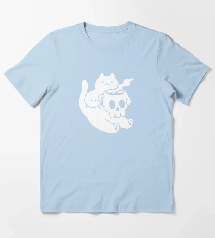 Cat and Skull Mug T-Shirt Sky Blue