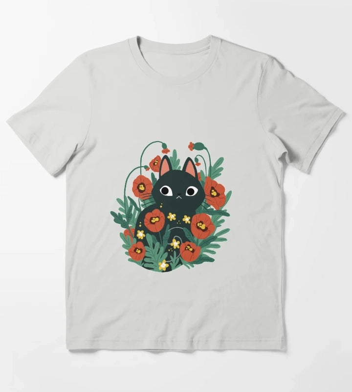 Cat in Poppy Flowers T-Shirt Light Grey