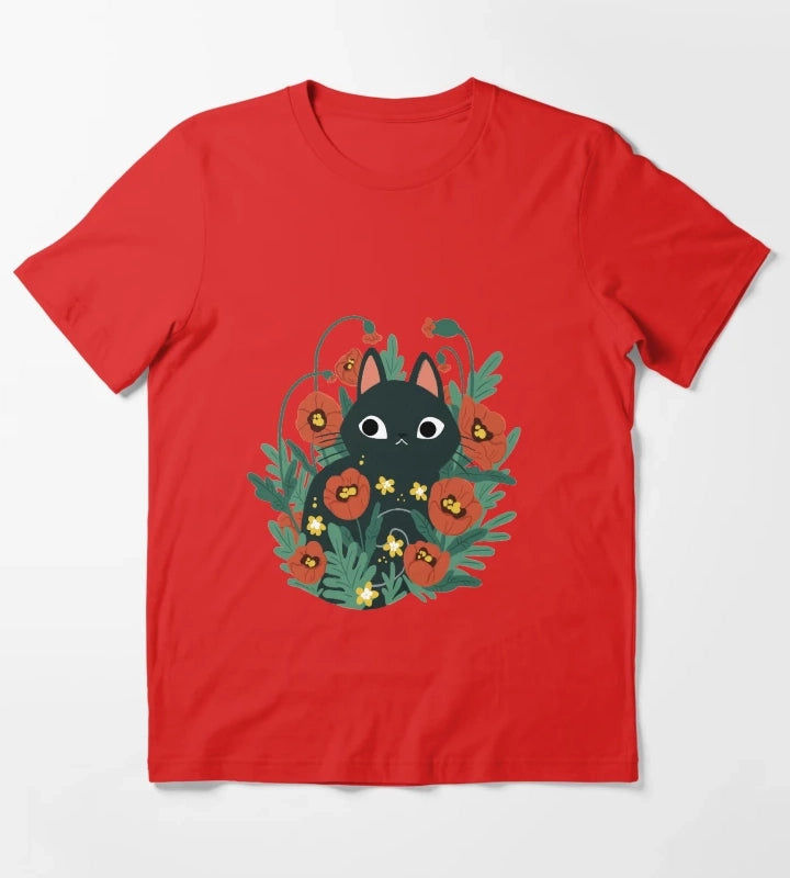 Cat in Poppy Flowers T-Shirt Red