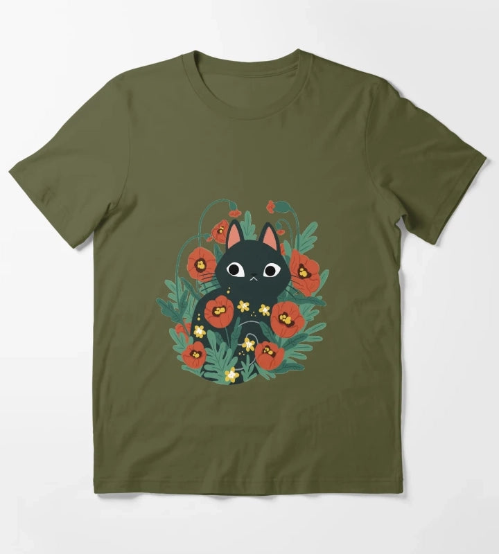 Cat in Poppy Flowers T-Shirt Olive Green