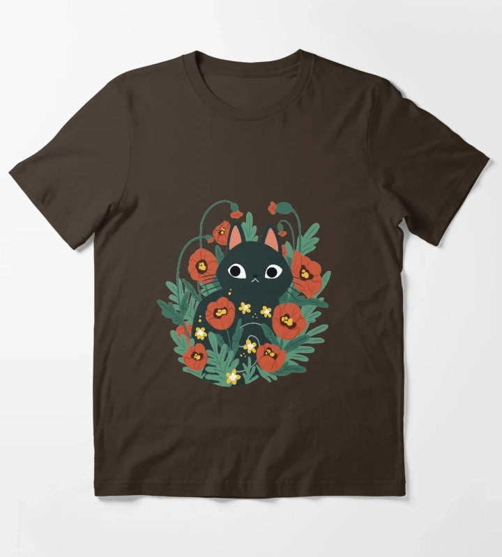 Cat in Poppy Flowers T-Shirt Brown