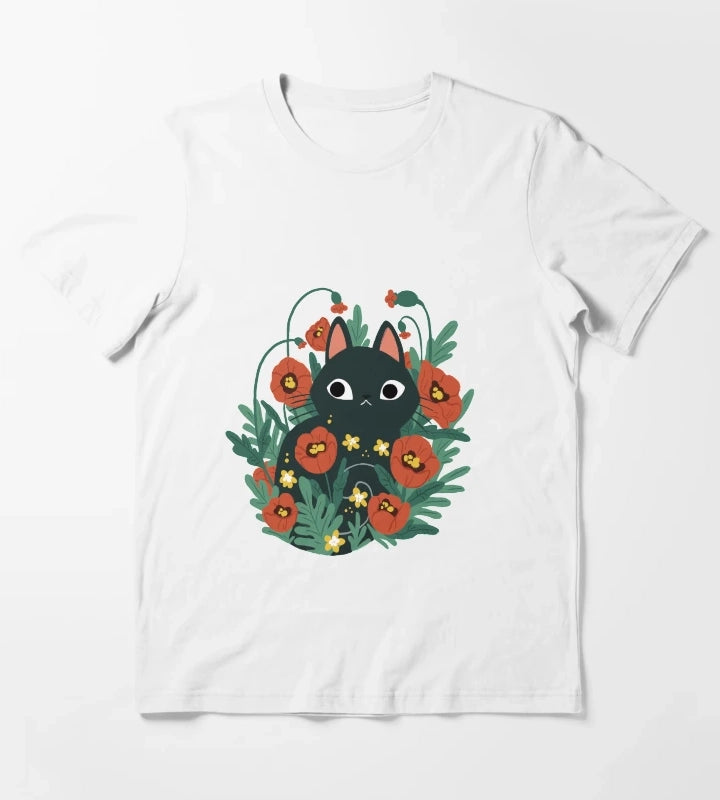 Cat in Poppy Flowers T-Shirt White