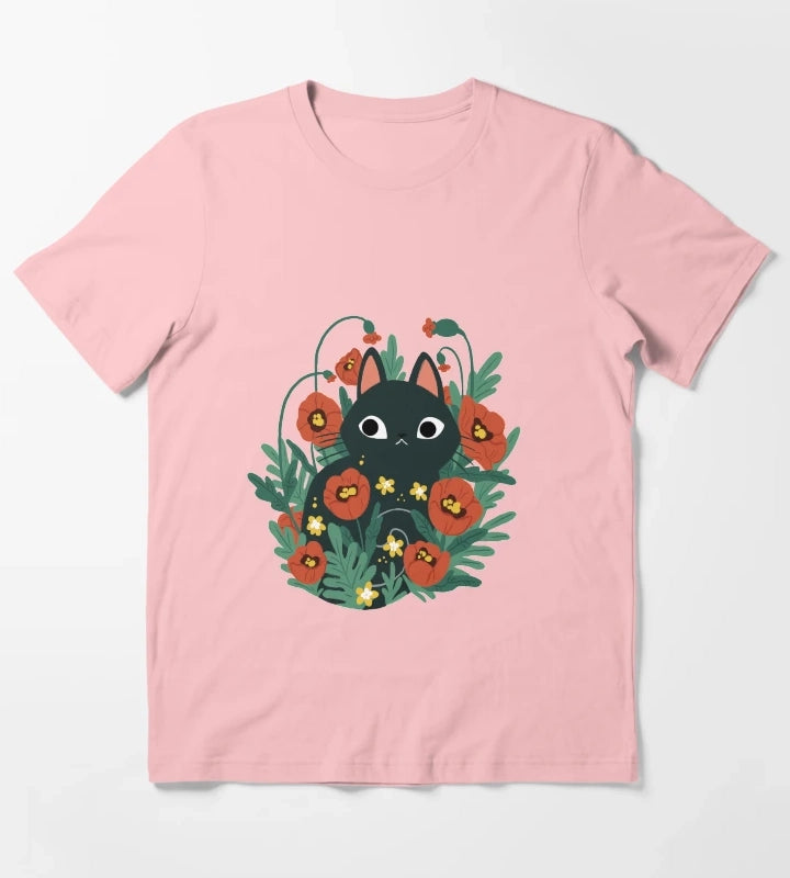 Cat in Poppy Flowers T-Shirt Dark Grey