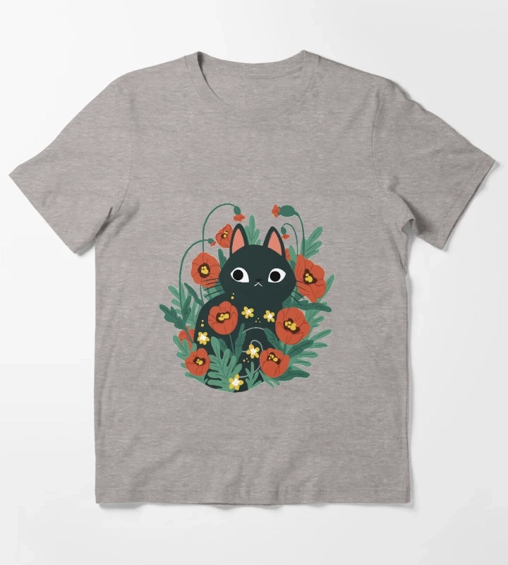Cat in Poppy Flowers T-Shirt Heather Grey