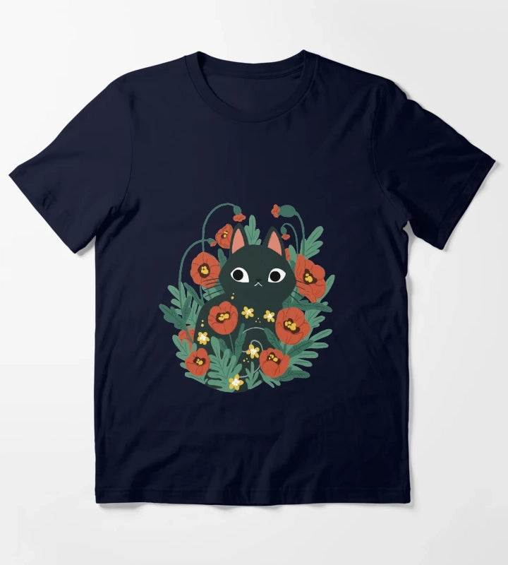 Cat in Poppy Flowers T-Shirt Navy