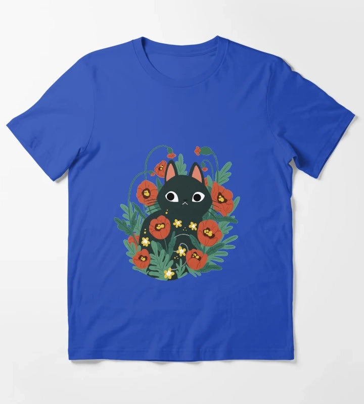 Cat in Poppy Flowers T-Shirt Blue