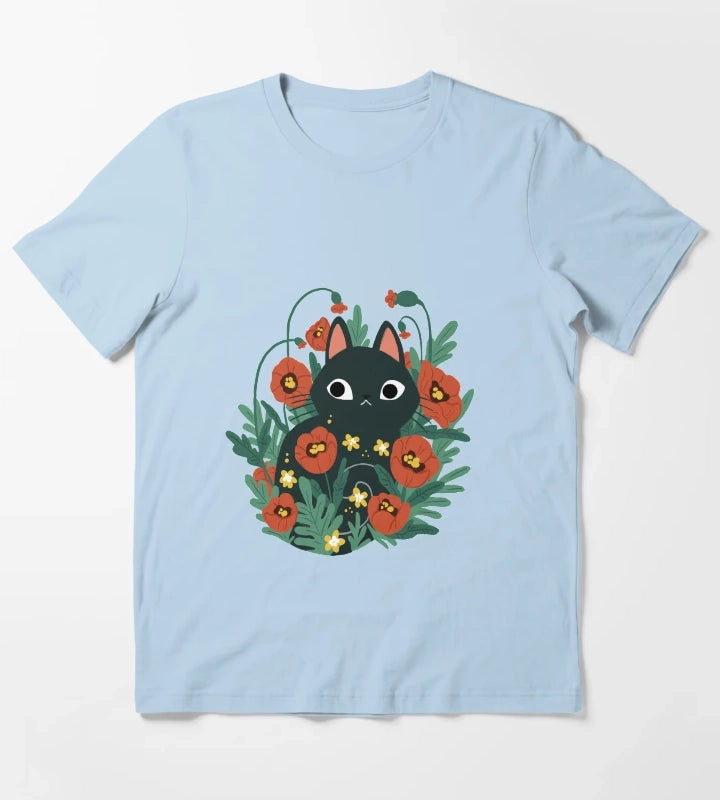 Cat in Poppy Flowers T-Shirt Sky Blue