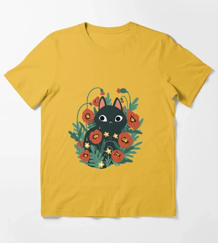 Cat in Poppy Flowers T-Shirt Yellow