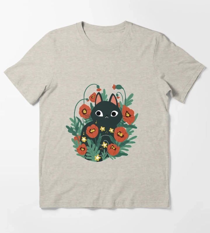 Cat in Poppy Flowers T-Shirt Cream