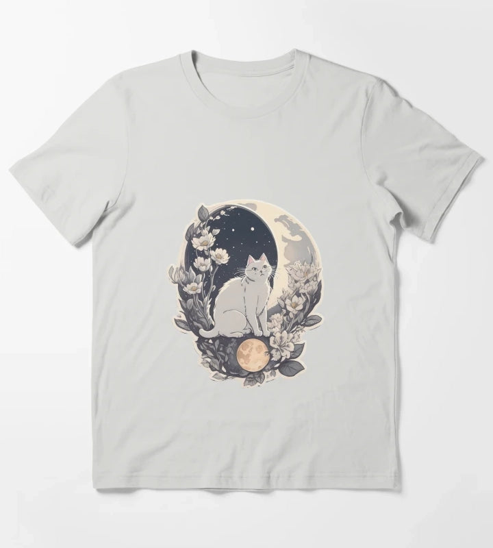 Celestial Cat In Moonlight T-Shirt Light Grey