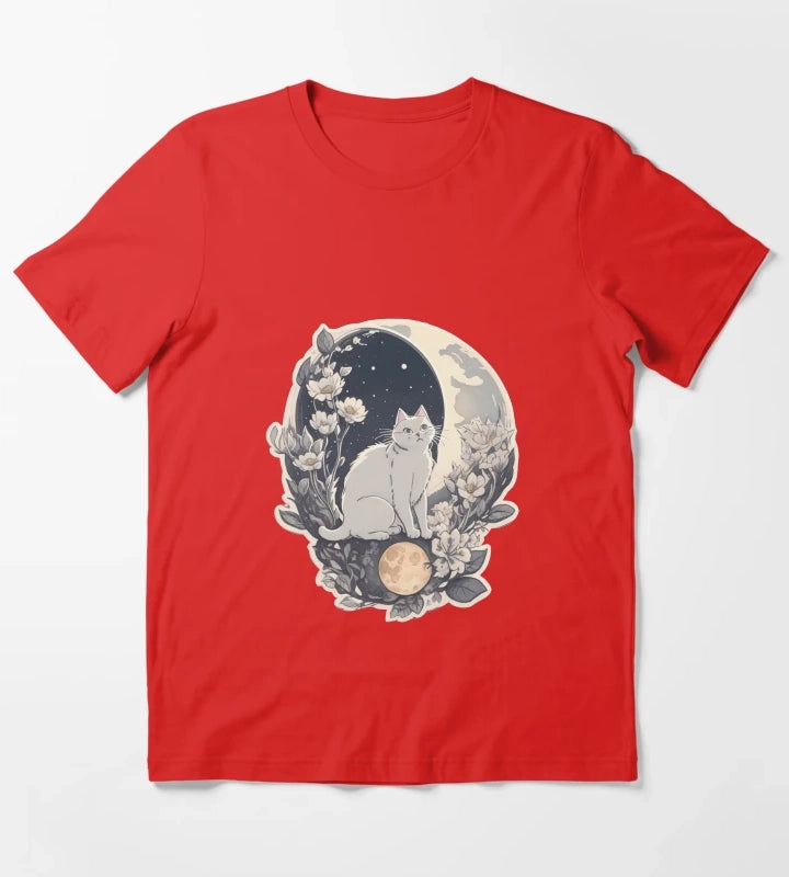 Celestial Cat In Moonlight T-Shirt Red
