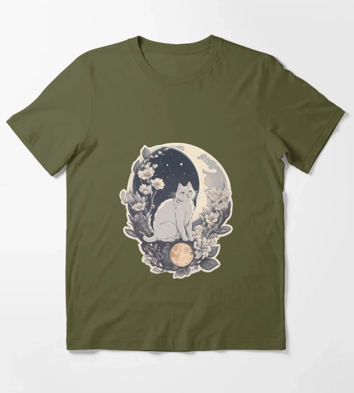 Celestial Cat In Moonlight T-Shirt Olive Green