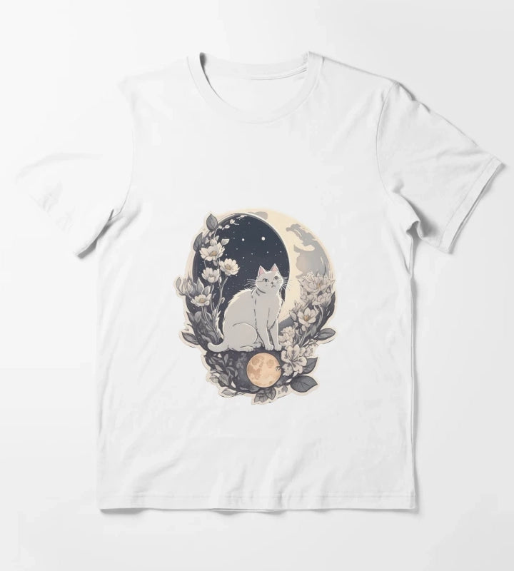 Celestial Cat In Moonlight T-Shirt White