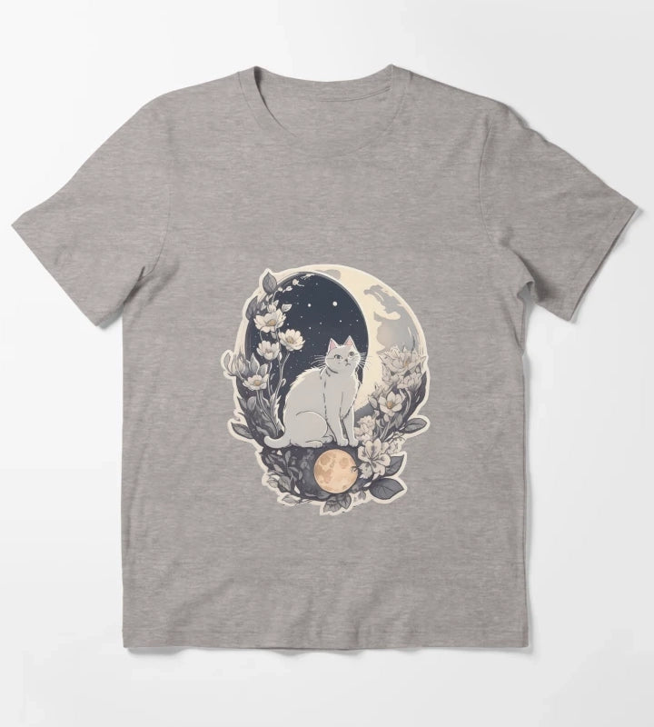 Celestial Cat In Moonlight T-Shirt Heather Grey