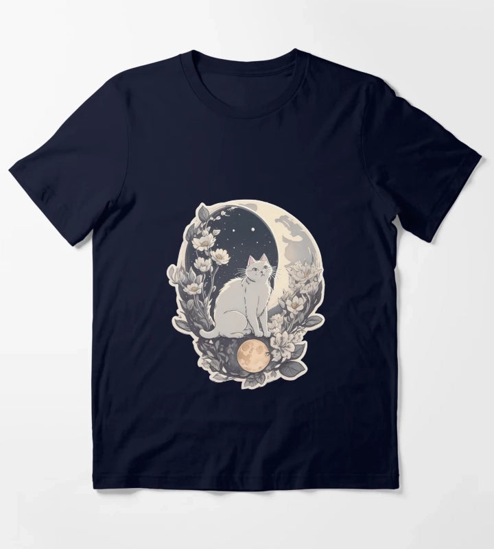 Celestial Cat In Moonlight T-Shirt Navy