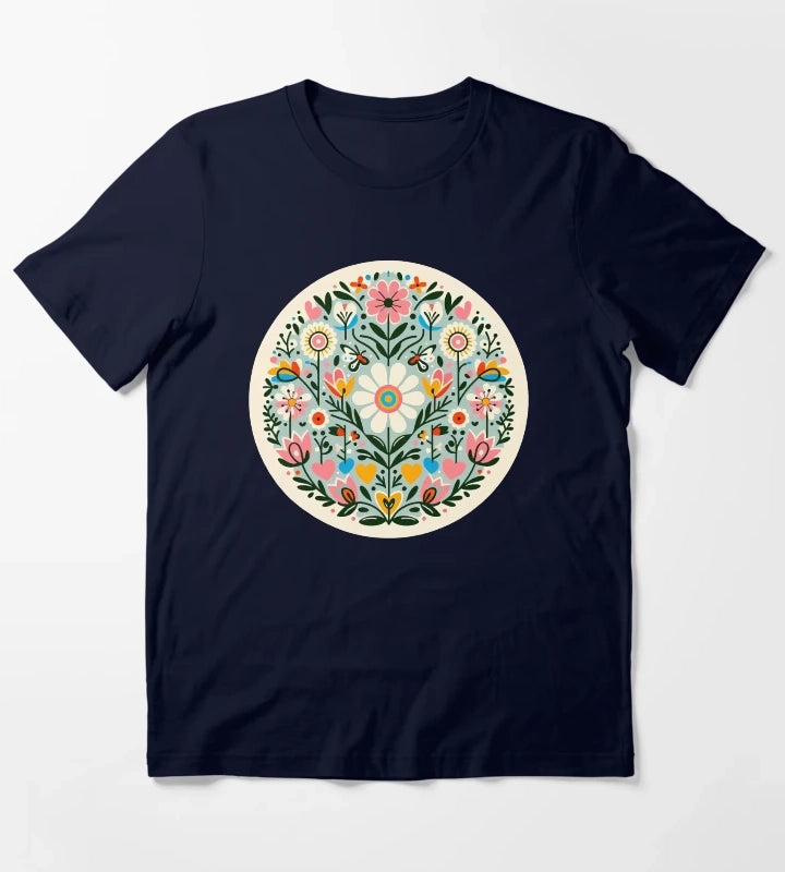 Charming Daisy Bloom Pattern Scandinavian Folk Art by heidiannemorris T-Shirt Navy
