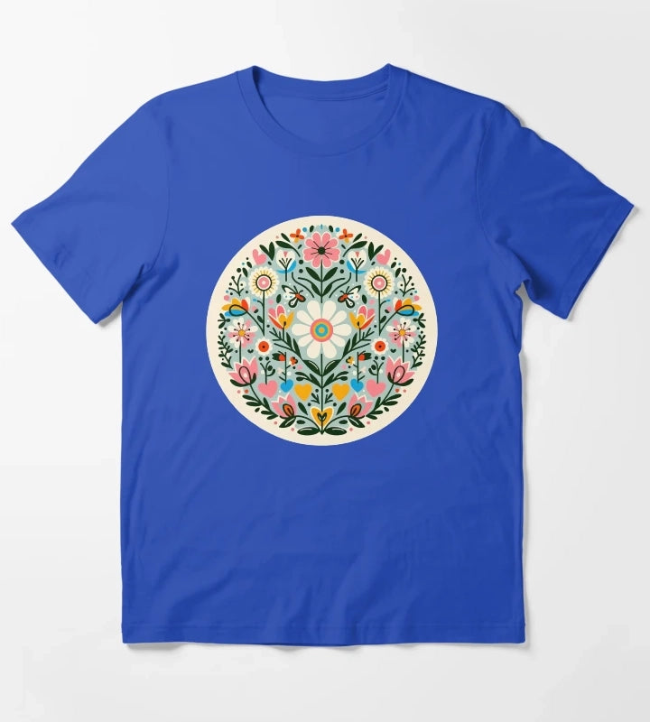 Charming Daisy Bloom Pattern Scandinavian Folk Art by heidiannemorris T-Shirt Blue
