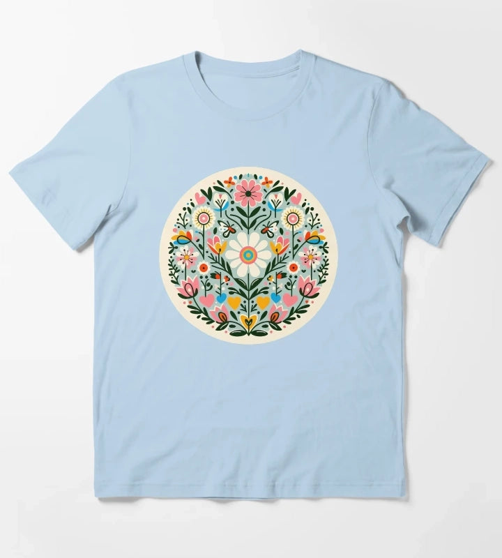 Charming Daisy Bloom Pattern Scandinavian Folk Art by heidiannemorris T-Shirt Sky Blue