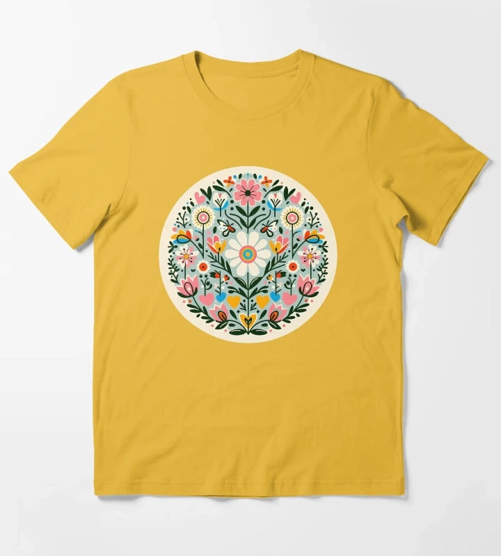 Charming Daisy Bloom Pattern Scandinavian Folk Art by heidiannemorris T-Shirt Yellow