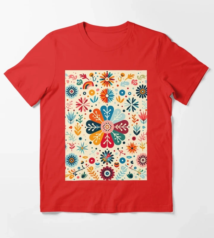 Charming Daisy Floral Medallion Scandinavian Folk Art by heidiannemorris T-Shirt Red