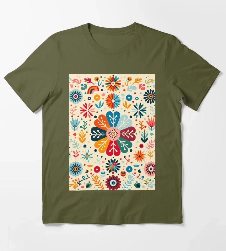 Charming Daisy Floral Medallion Scandinavian Folk Art by heidiannemorris T-Shirt Olive Green