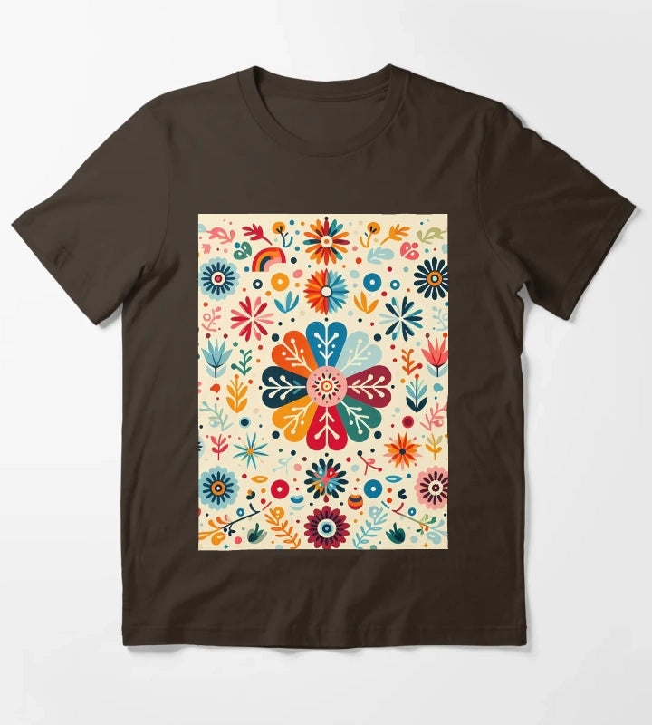 Charming Daisy Floral Medallion Scandinavian Folk Art by heidiannemorris T-Shirt Brown