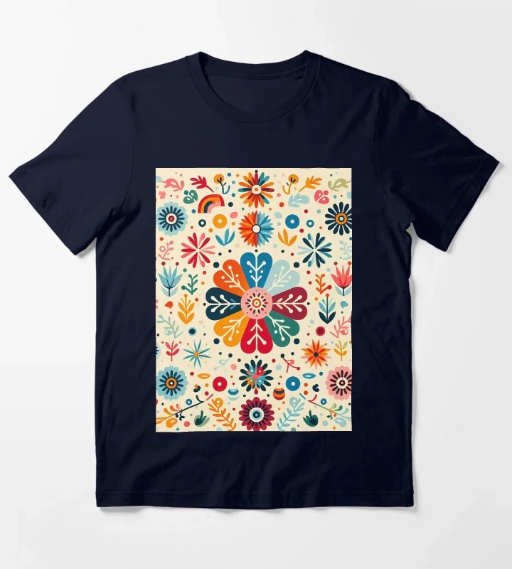 Charming Daisy Floral Medallion Scandinavian Folk Art by heidiannemorris T-Shirt Navy