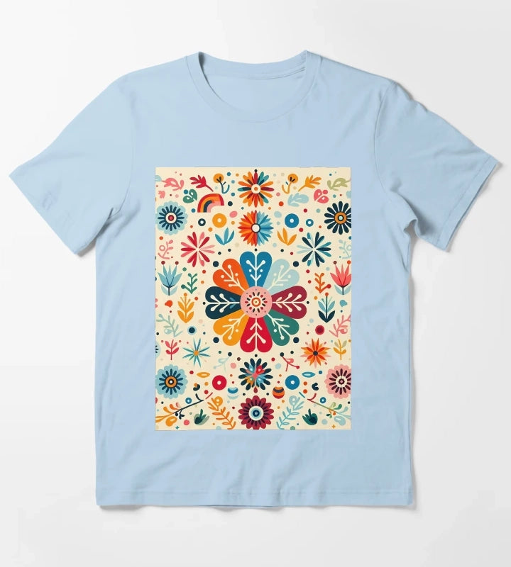 Charming Daisy Floral Medallion Scandinavian Folk Art by heidiannemorris T-Shirt Sky Blue
