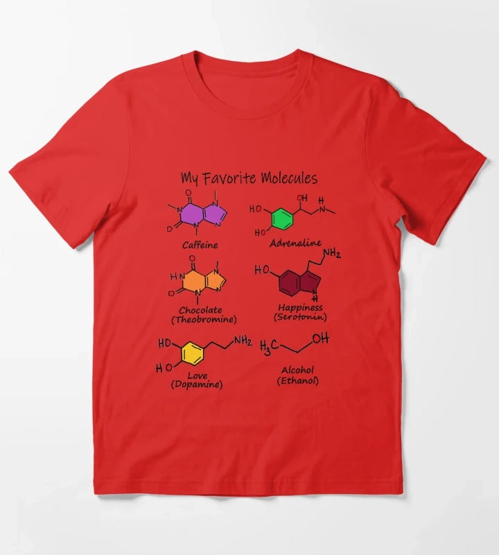 Chemistry is awesome My Favorite Molecules caffeine adrenaline chocolate happiness love alcohol T-Shirt Red