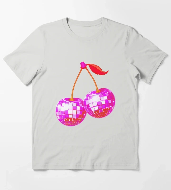 Cherry Disco Balls Retro Groove Pink Neon Sparkles on the Juicy Dancefloor T-Shirt Light Grey