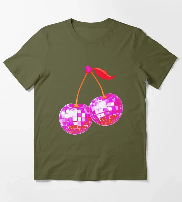 Cherry Disco Balls Retro Groove Pink Neon Sparkles on the Juicy Dancefloor T-Shirt Olive Green