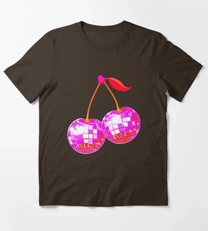 Cherry Disco Balls Retro Groove Pink Neon Sparkles on the Juicy Dancefloor T-Shirt Brown
