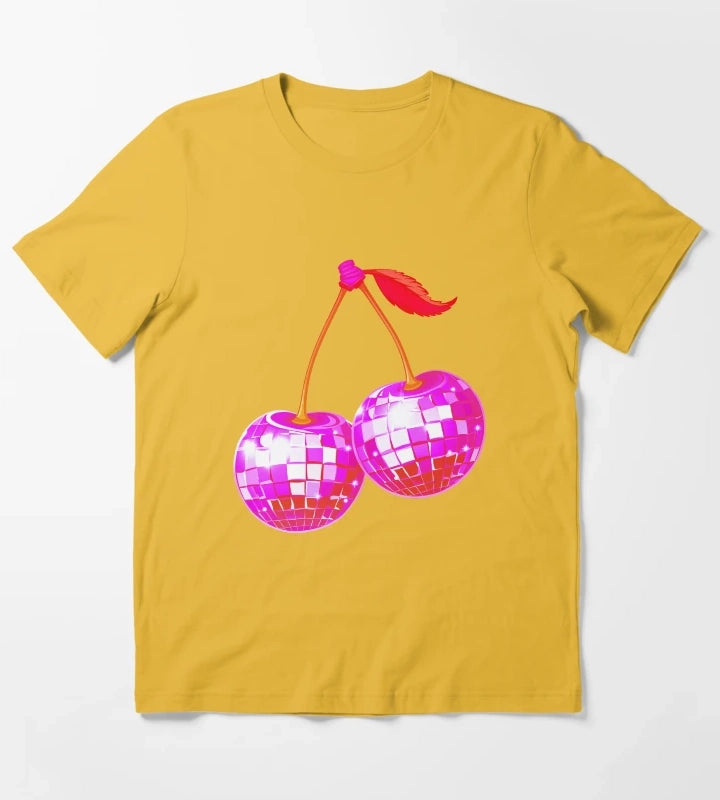 Cherry Disco Balls Retro Groove Pink Neon Sparkles on the Juicy Dancefloor T-Shirt Yellow