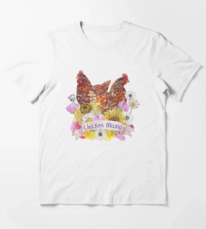 Chicken Mama Red Hens and Summer Flowers T-Shirt White