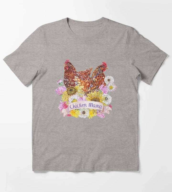 Chicken Mama Red Hens and Summer Flowers T-Shirt Heather Grey