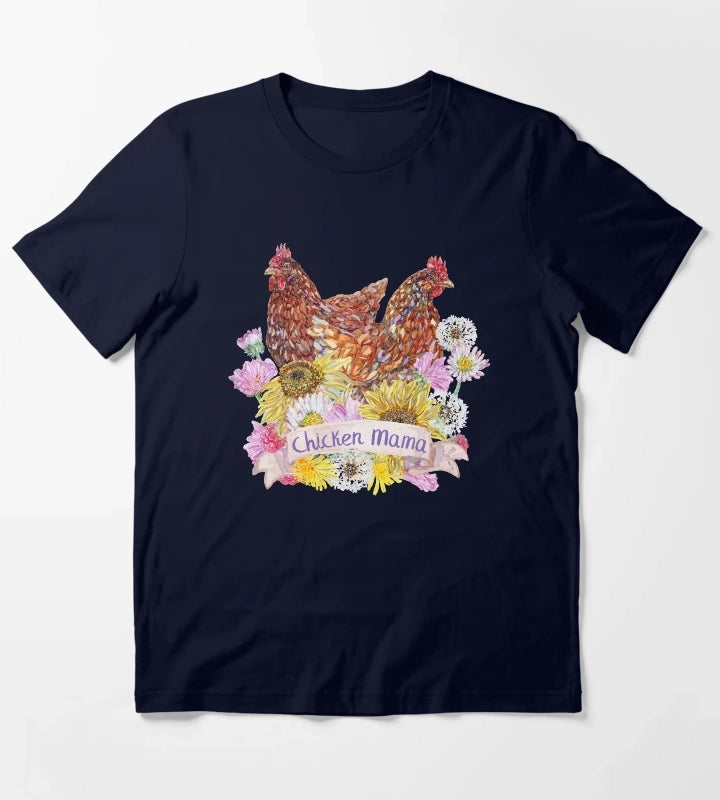 Chicken Mama Red Hens and Summer Flowers T-Shirt Navy