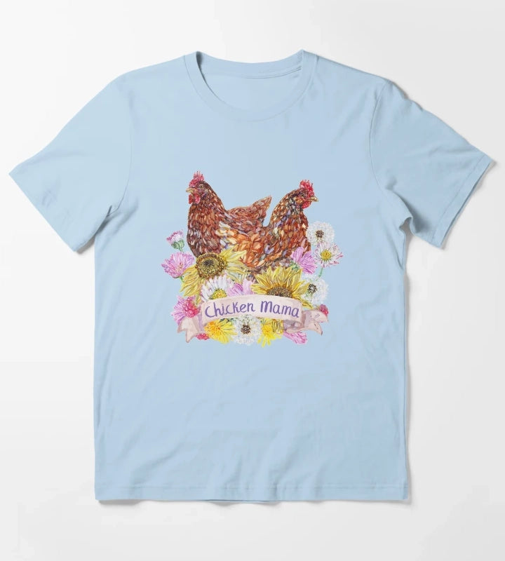 Chicken Mama Red Hens and Summer Flowers T-Shirt Sky Blue