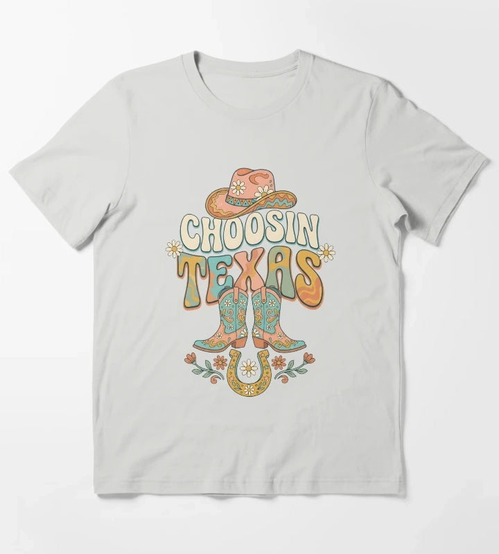 Choosin Texas Groovy Cowgirl Boot Hat Horseshoe T-Shirt Light Grey
